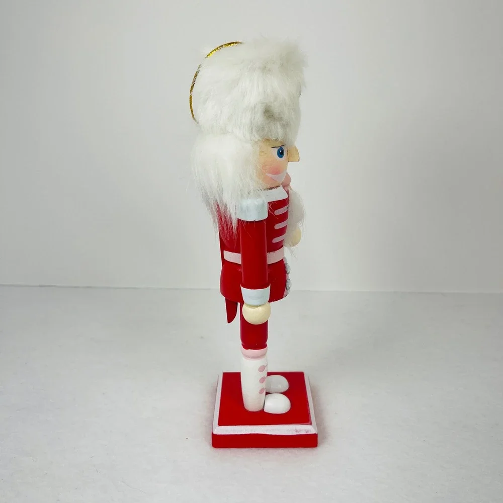 Red and Pink Wooden Nutcracker Soldier with Faux Fur Hat and Pink Tree 8 Inch